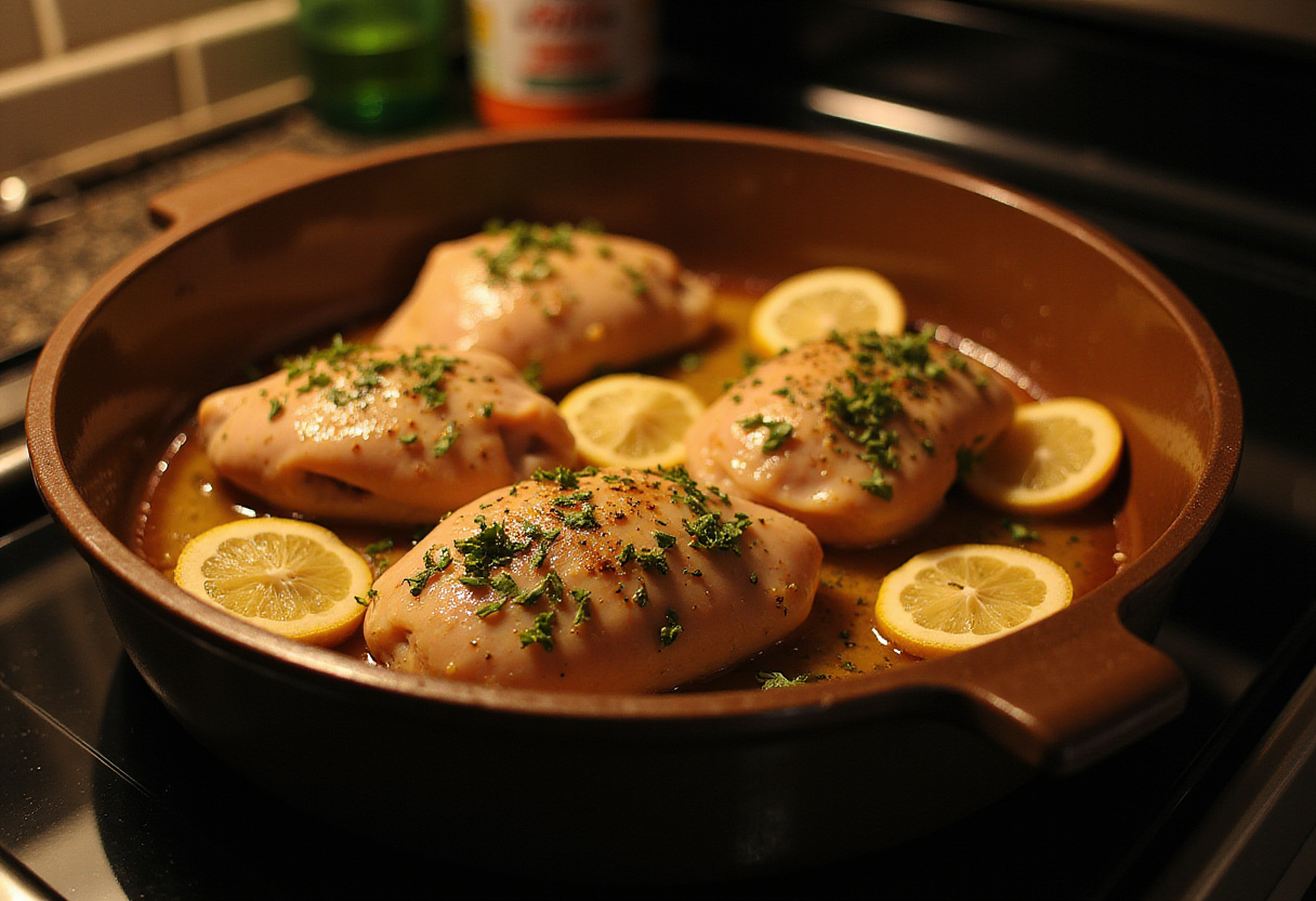 Marinated Savory Lemon Herb Roasted Chicken Thighs in a baking dish, prepared for roasting in the oven.