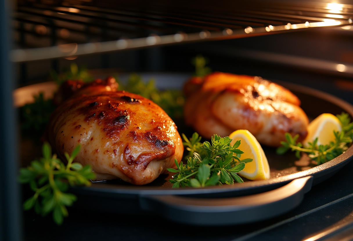 Freshly roasted Savory Lemon Herb Chicken Thighs garnished with herbs and lemons, showcasing a delicious homemade meal.