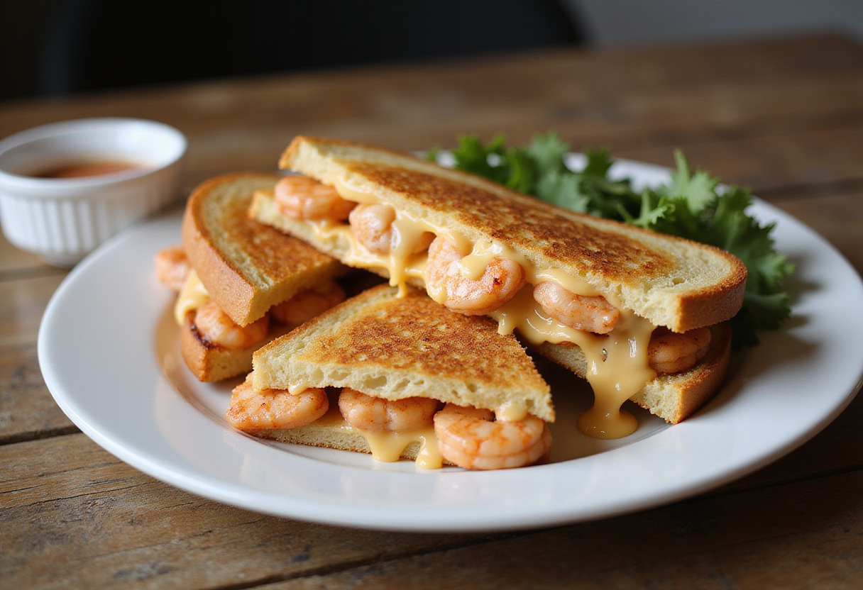Final presentation of shrimp-stuffed grilled cheese and garlic bread, appetizing seafood dish ready to be enjoyed.