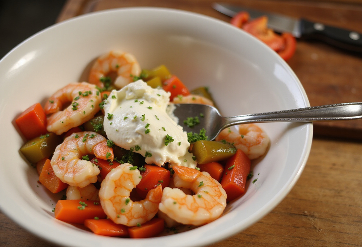 Mixing shrimp and cream cheese for shrimp-stuffed grilled cheese, seafood recipe preparation in a cozy kitchen.