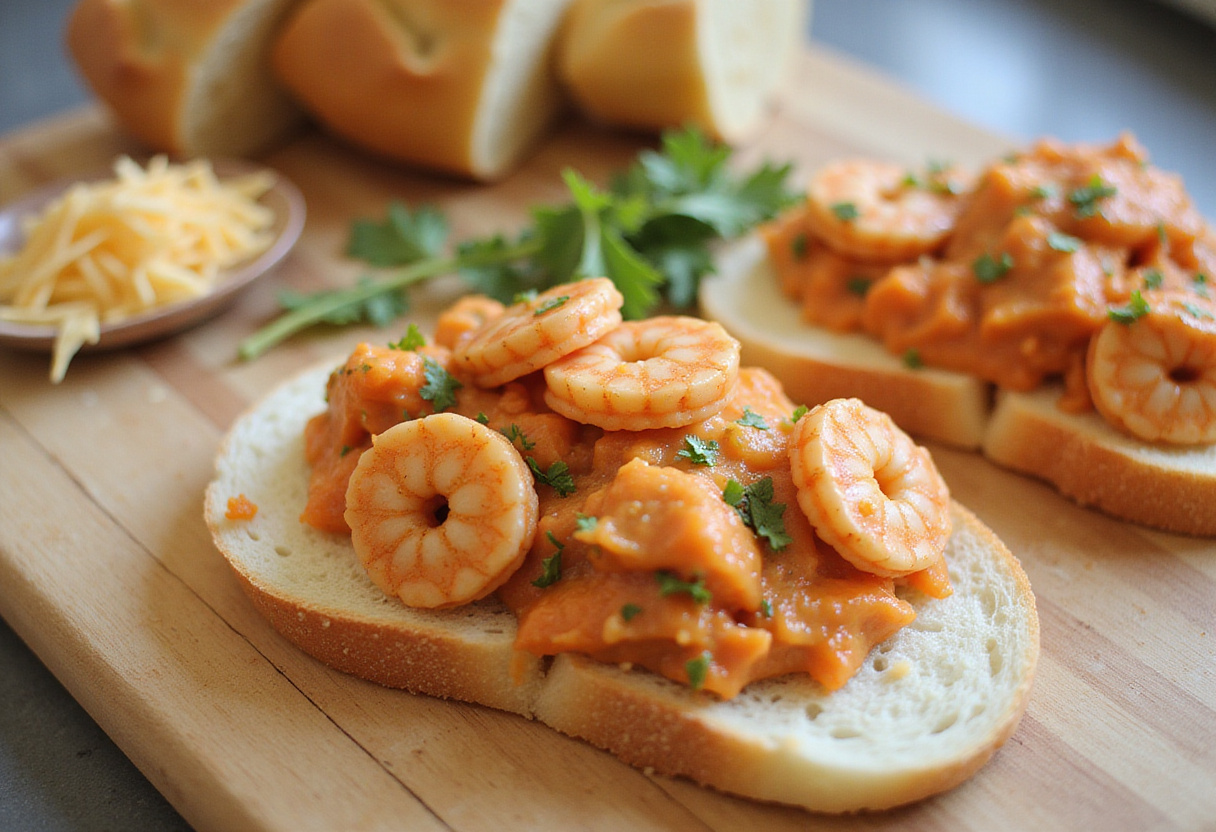 Preparing shrimp-stuffed grilled cheese sandwich with creamy shrimp filling on bread, ideal for seafood lovers.