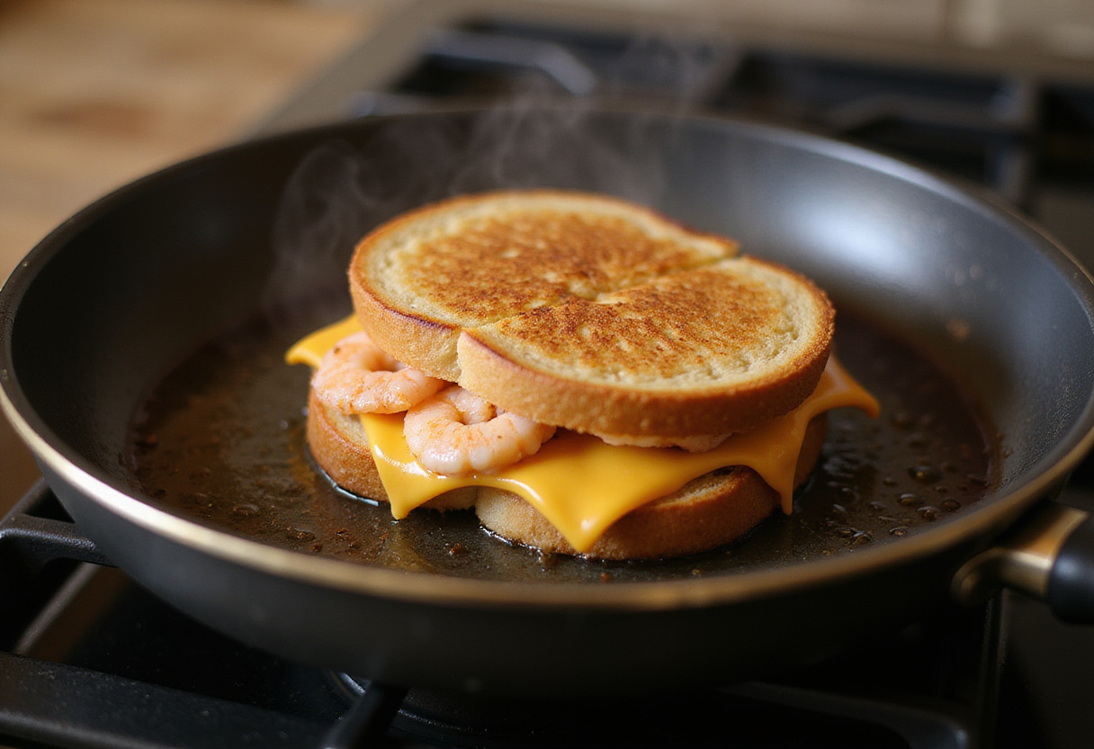 Grilling shrimp-stuffed grilled cheese sandwich in a skillet, capturing the delicious melting cheese and shrimp filling.