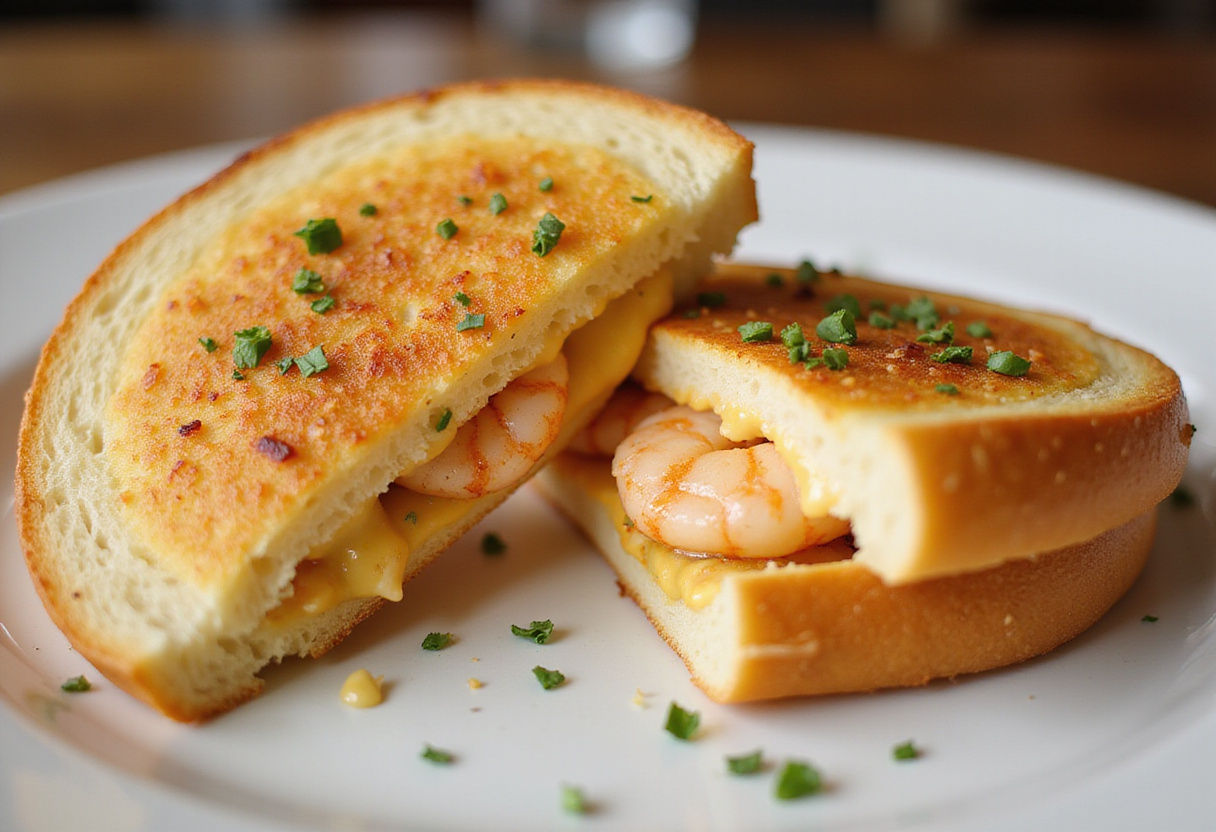 Serving garlic bread with shrimp-stuffed grilled cheese sandwich, perfect addition to a delicious seafood meal.