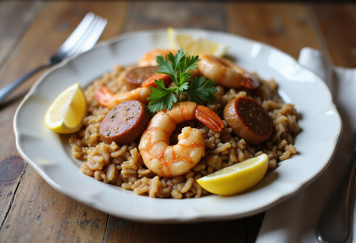 Delicious serving of Shrimp and Sausage Dirty Rice, artistically displayed on a wooden table, highlighting its vibrant colors and flavors.