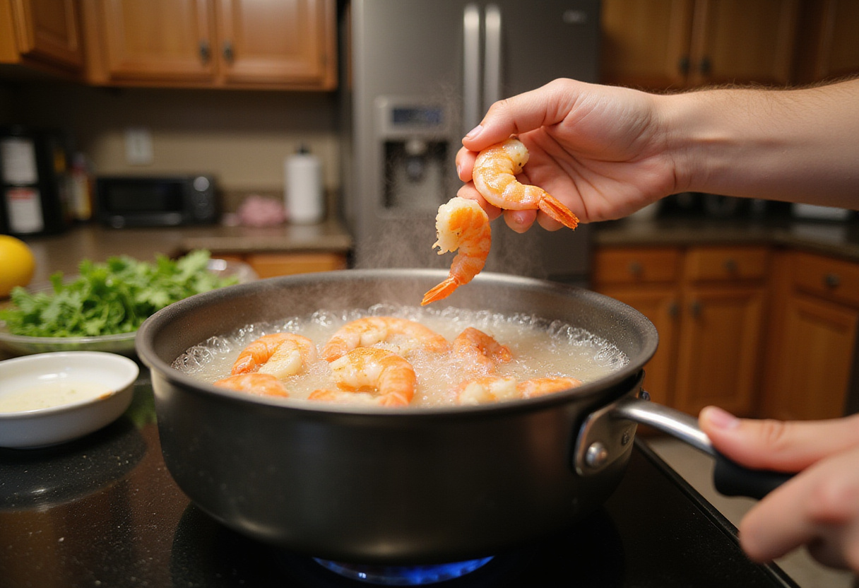 Cooking shrimp in boiling water for Shrimp and Sausage Dirty Rice, capturing the essence of a homey kitchen with fresh ingredients.