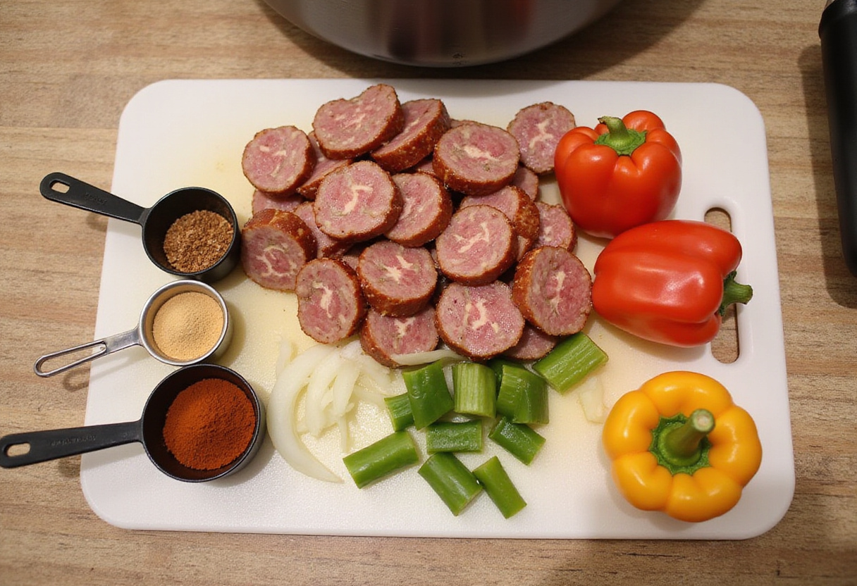 Preparing ingredients for Shrimp and Sausage Dirty Rice, featuring sliced sausage and fresh vegetables on a cutting board.