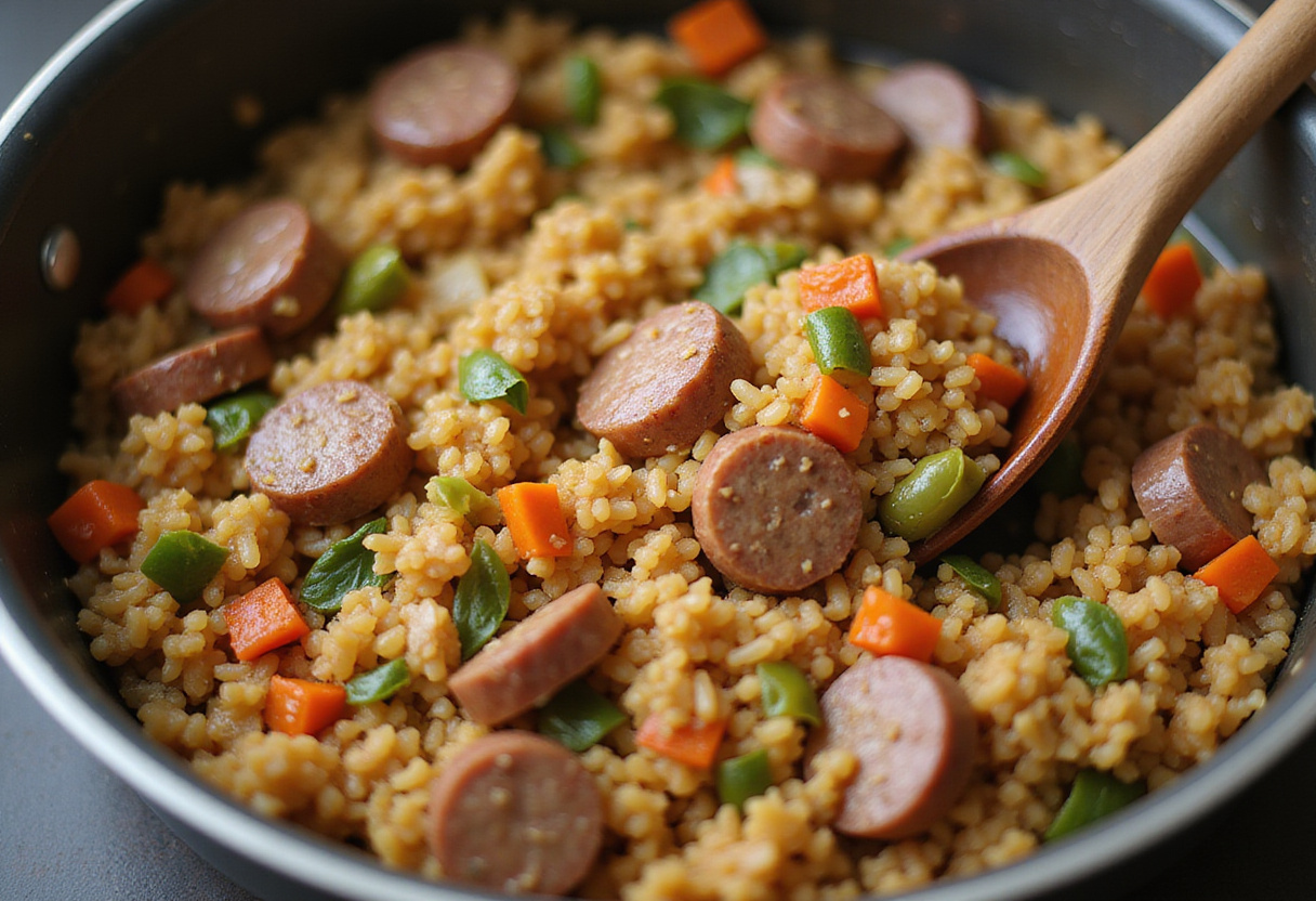 Mixing rice with sausage and veggies for Shrimp and Sausage Dirty Rice, emphasizing a vibrant and hearty dish coming together in the kitchen.