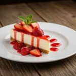 Final presentation of Simple Strawberry Cheesecake with Fresh Strawberries showcasing a slice with fresh toppings, ideal for dessert lovers.