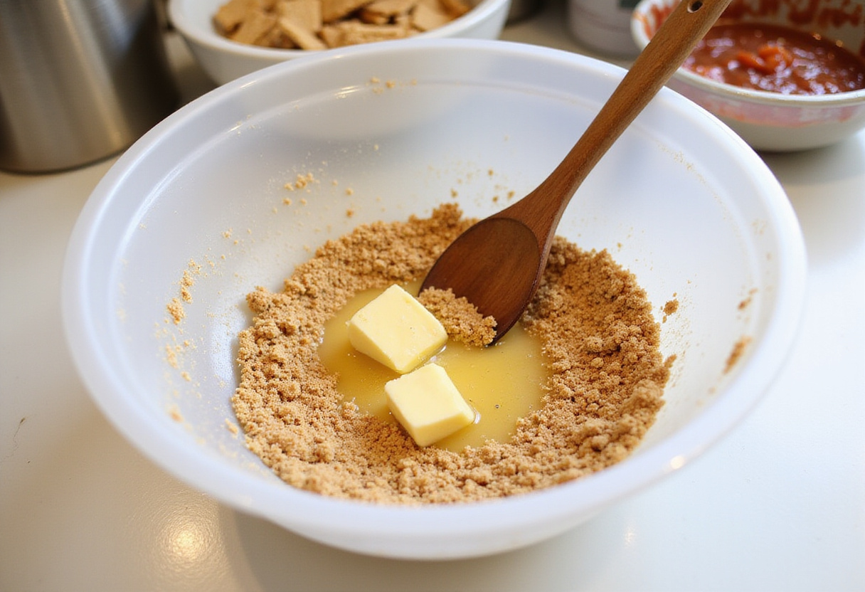 Preparing crust for Simple Strawberry Cheesecake with Fresh Strawberries using crushed graham crackers and butter.