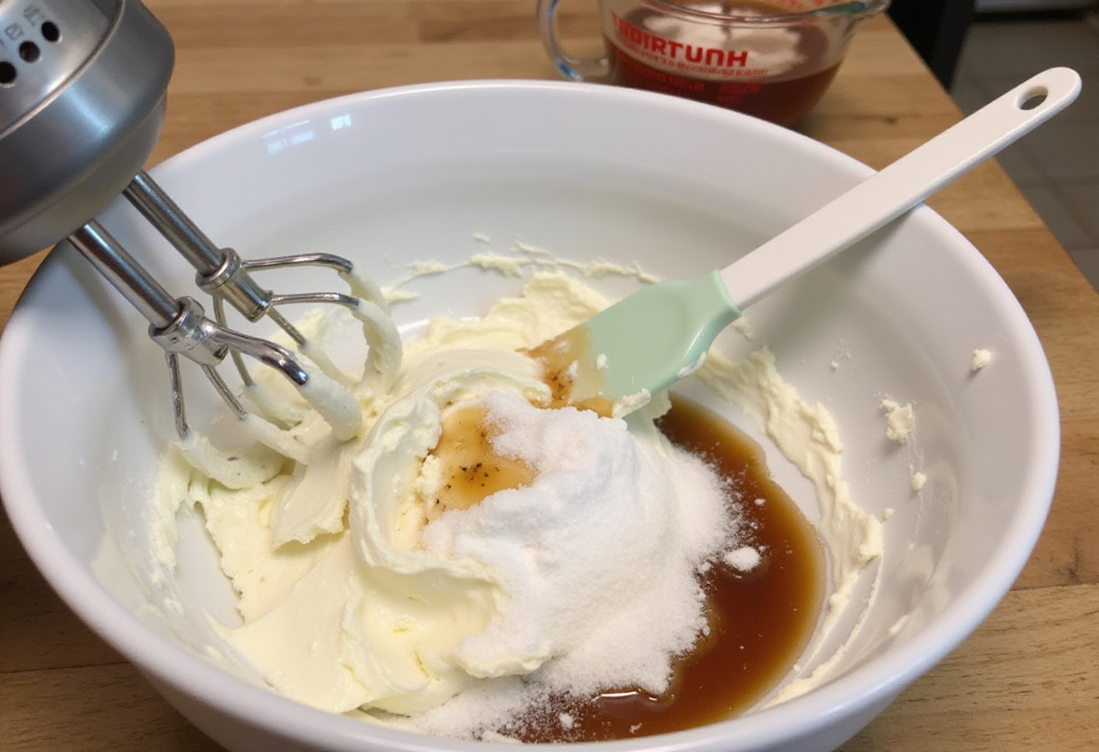 Mixing cream cheese filling for Simple Strawberry Cheesecake with Fresh Strawberries, showcasing whipped ingredients ready for the next step.