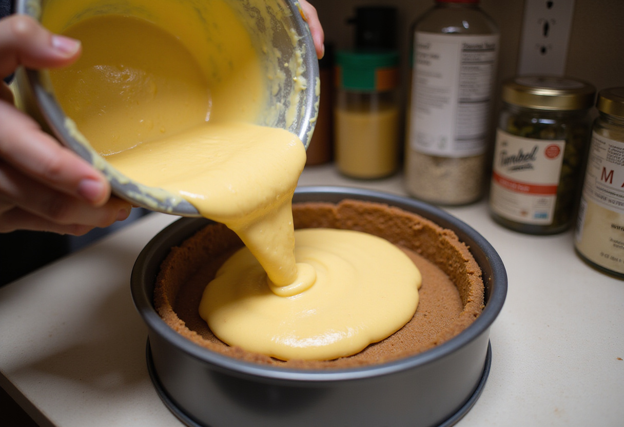 Pouring cheesecake filling into crust for Simple Strawberry Cheesecake with Fresh Strawberries, capturing the baking process in a cozy kitchen.