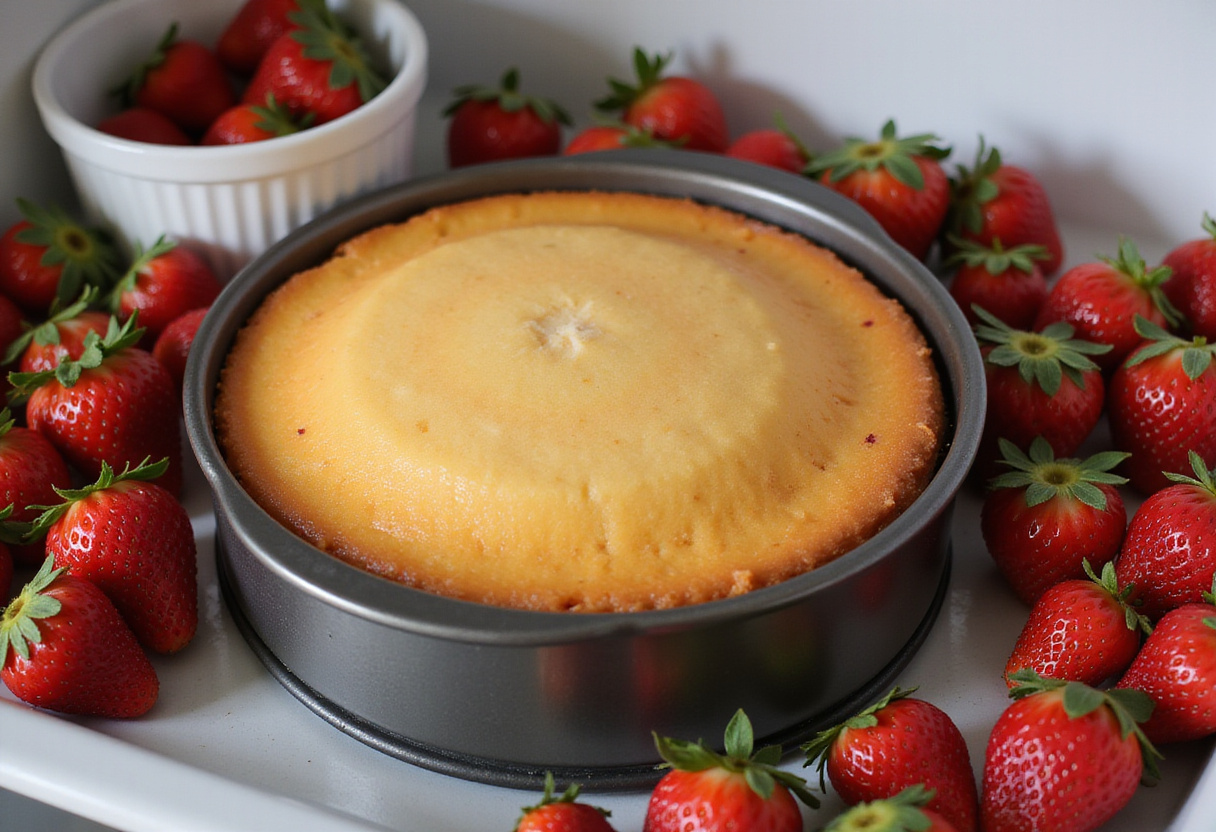 Chilling the Simple Strawberry Cheesecake with Fresh Strawberries, with fresh strawberries nearby for topping, creating a fresh baking scene.