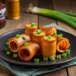 Final presentation of Smoked Shotgun Shells Bacon on a rustic wooden table, showcasing golden crispy shells bursting with flavor.
