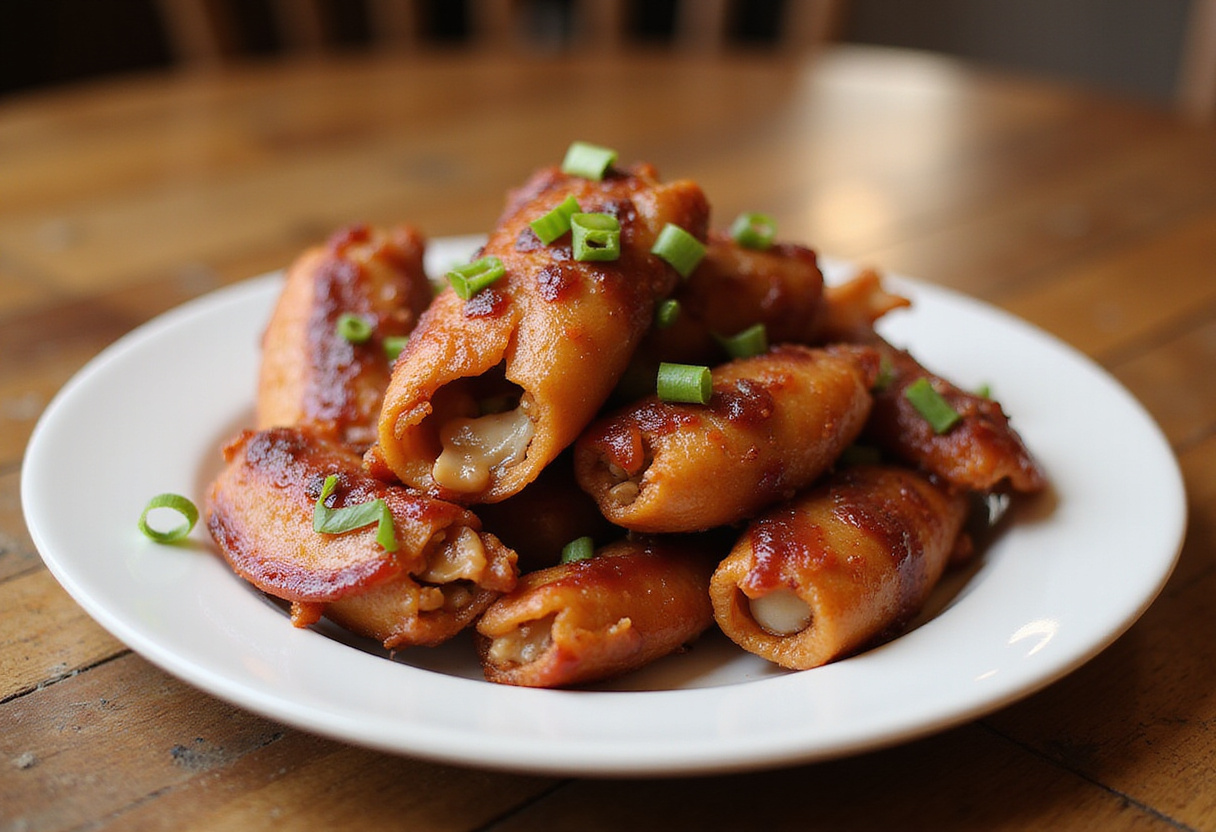 Final presentation of Smoked Shotgun Shells Bacon on a rustic wooden table, showcasing golden crispy shells bursting with flavor.