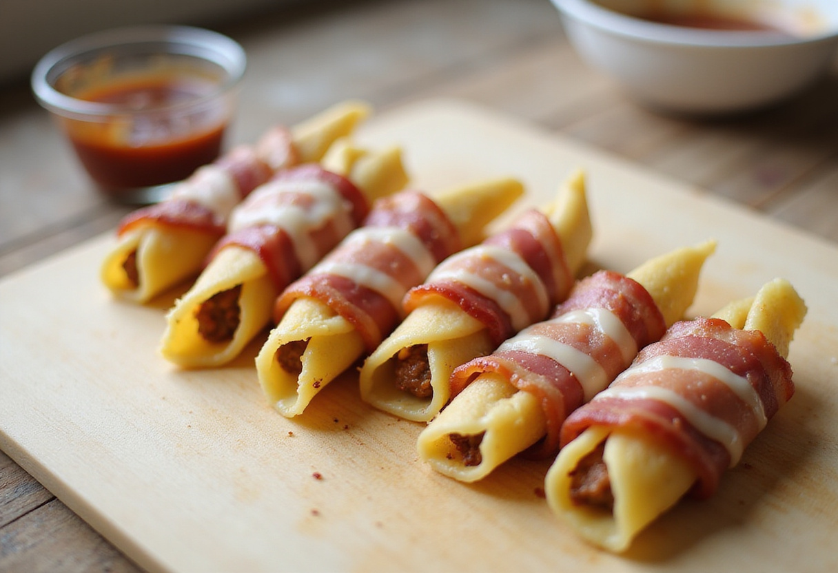 Progress of making Smoked Shotgun Shells Bacon as filled pasta tubes are wrapped in bacon strips, ready for the smoker.