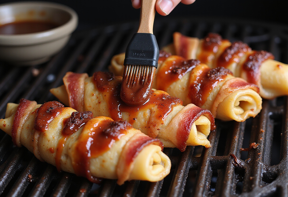 Basting the smoked Shotgun Shells Bacon with barbecue sauce, enhancing the flavors of the savory stuffed pasta.