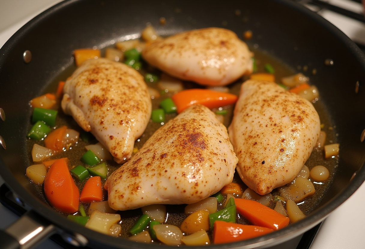 Browning seasoned chicken pieces for smothered chicken and rice, creating a savory base for the dish.