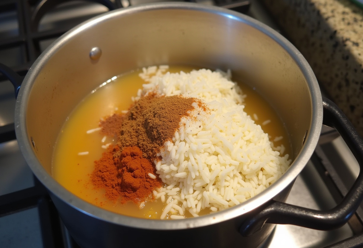 Adding rice and broth to create the perfect base for smothered chicken and rice, ensuring every bite is flavorful.
