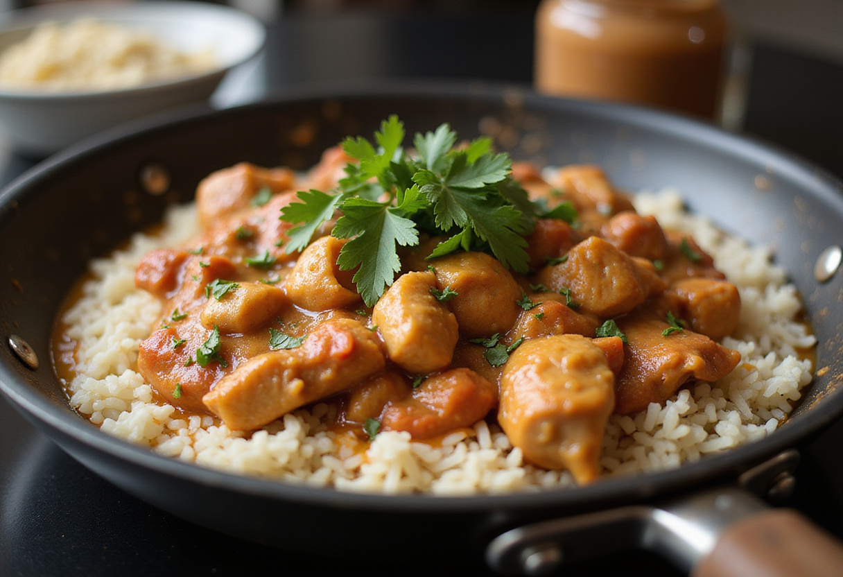 The final stages of smothered chicken and rice, with bubbling sauce and garnished texture ready for serving.