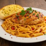 Final presentation of Spicy Cajun Honey Butter Chicken & Pasta, a flavorful and enticing meal ready to enjoy.