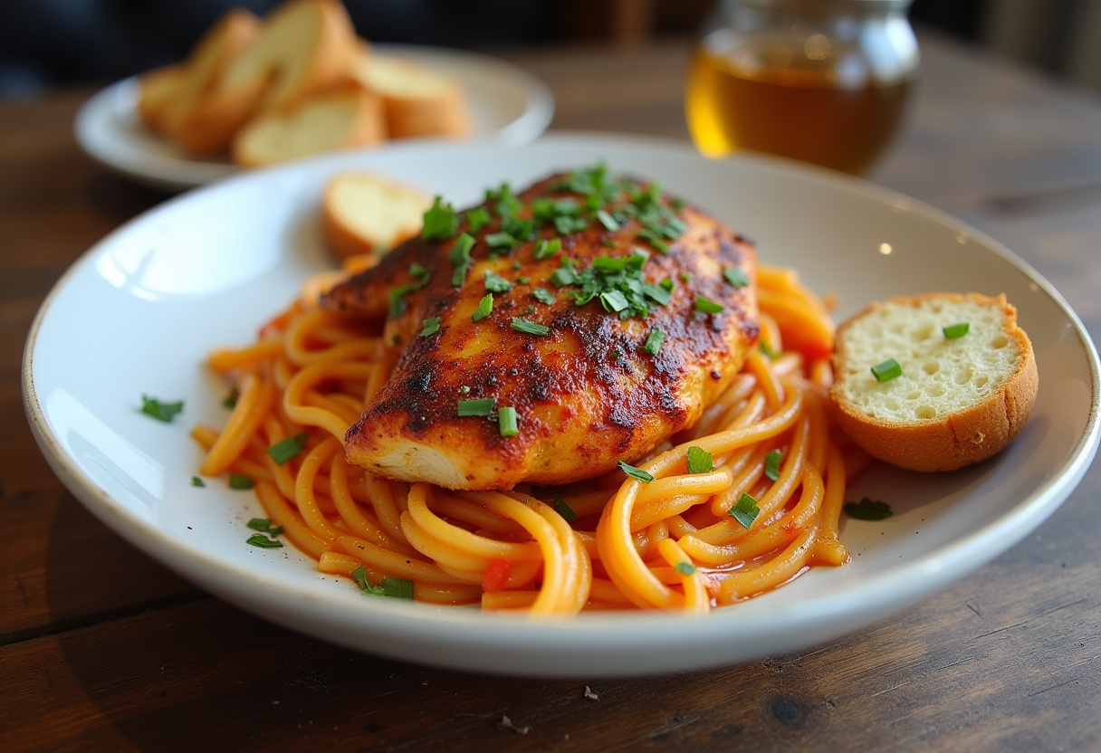 Final presentation of Spicy Cajun Honey Butter Chicken & Pasta, a flavorful and enticing meal ready to enjoy.