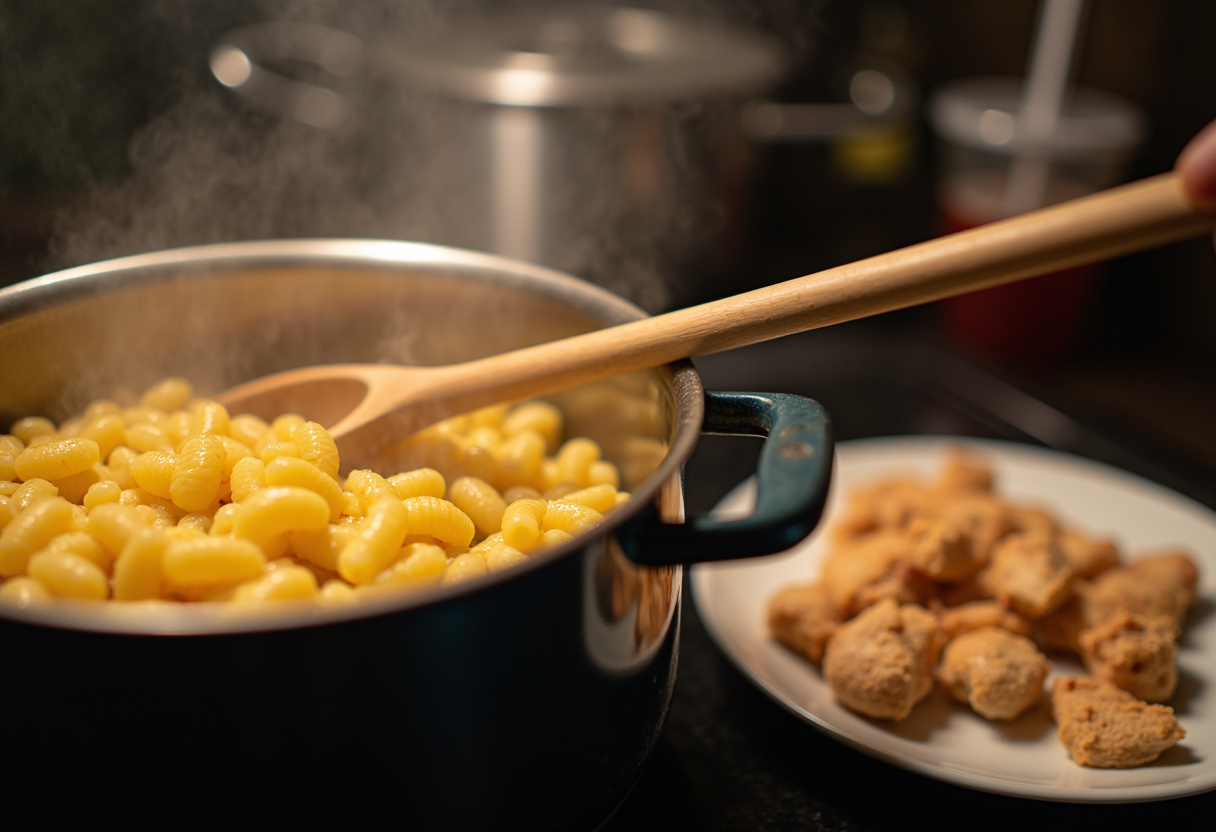 Boiling pasta and Cajun chicken on the plate for a delicious Spicy Cajun Honey Butter Chicken & Pasta dish.