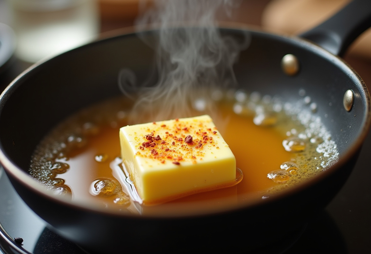 Melting honey butter sauce for Spicy Cajun Chicken, adding flavor to the recipe.