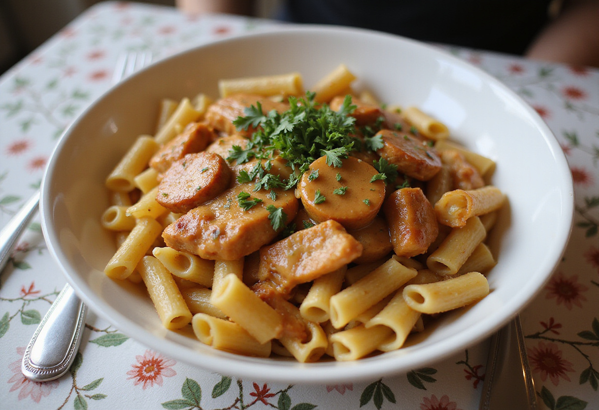 Mixing pasta with spicy Cajun chicken and honey butter sauce, preparing for serving.
