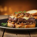 Final presentation of steak and French onion bruschetta, highlighting the layers of flavor with melted cheese and fresh herbs on a rustic wooden table.