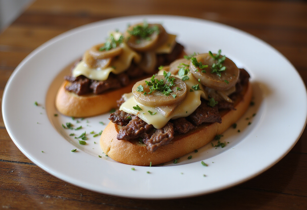 Final presentation of steak and French onion bruschetta, highlighting the layers of flavor with melted cheese and fresh herbs on a rustic wooden table.