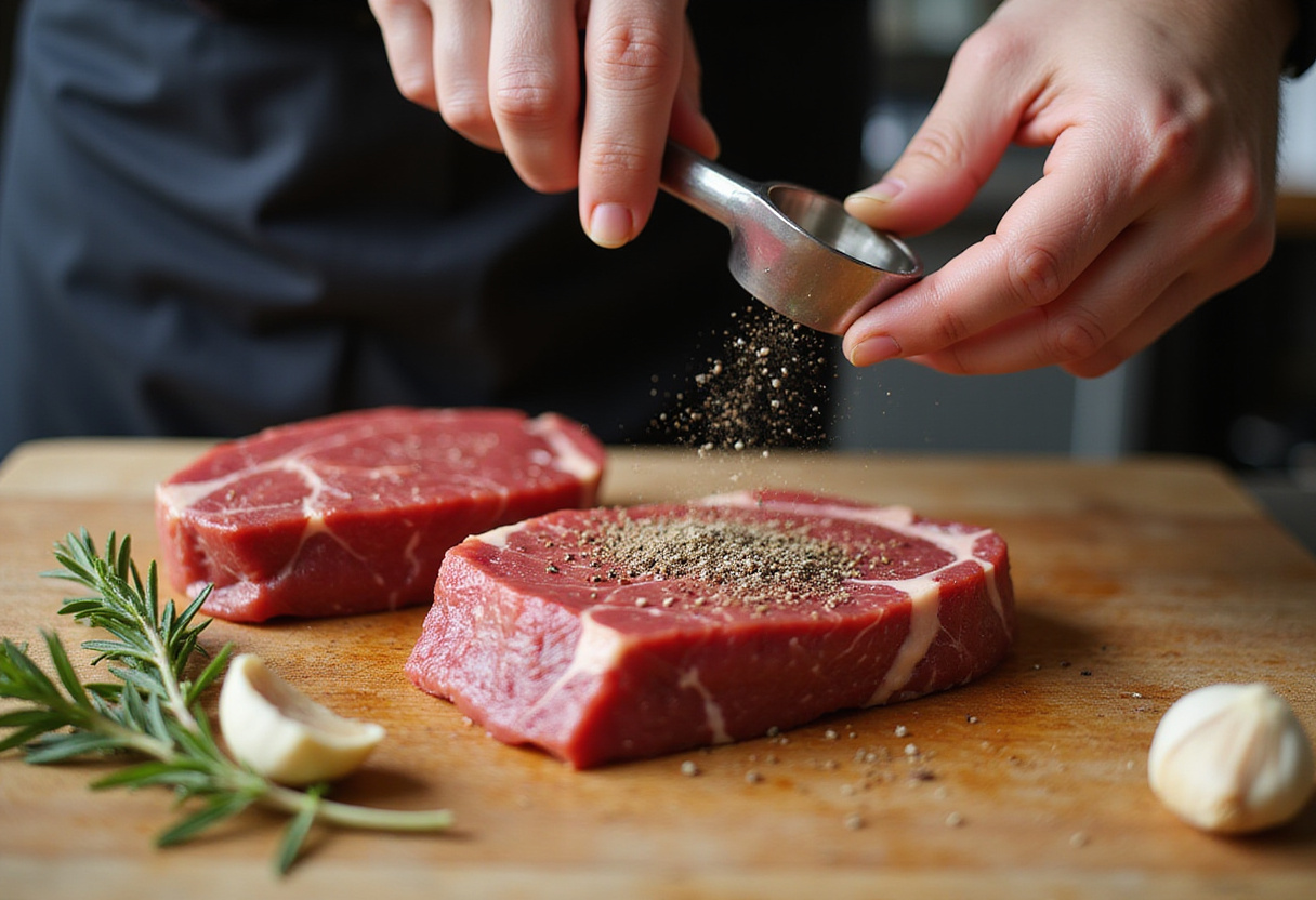 Preparing seasoned steak fillets with salt, pepper, rosemary, and garlic for a delicious steak and French onion bruschetta.