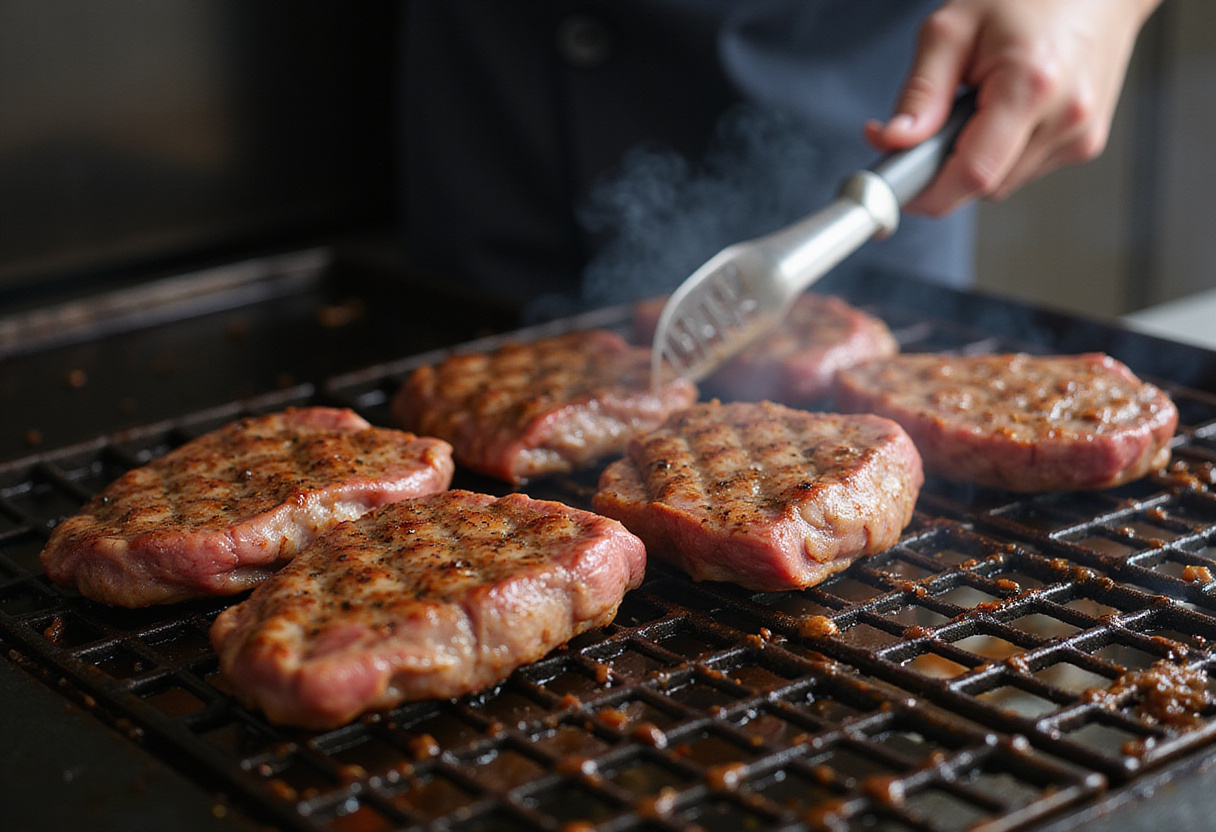 Grilling seasoned steak fillets for an exquisite steak and French onion bruschetta, capturing the sizzle and juicy texture of the meat.