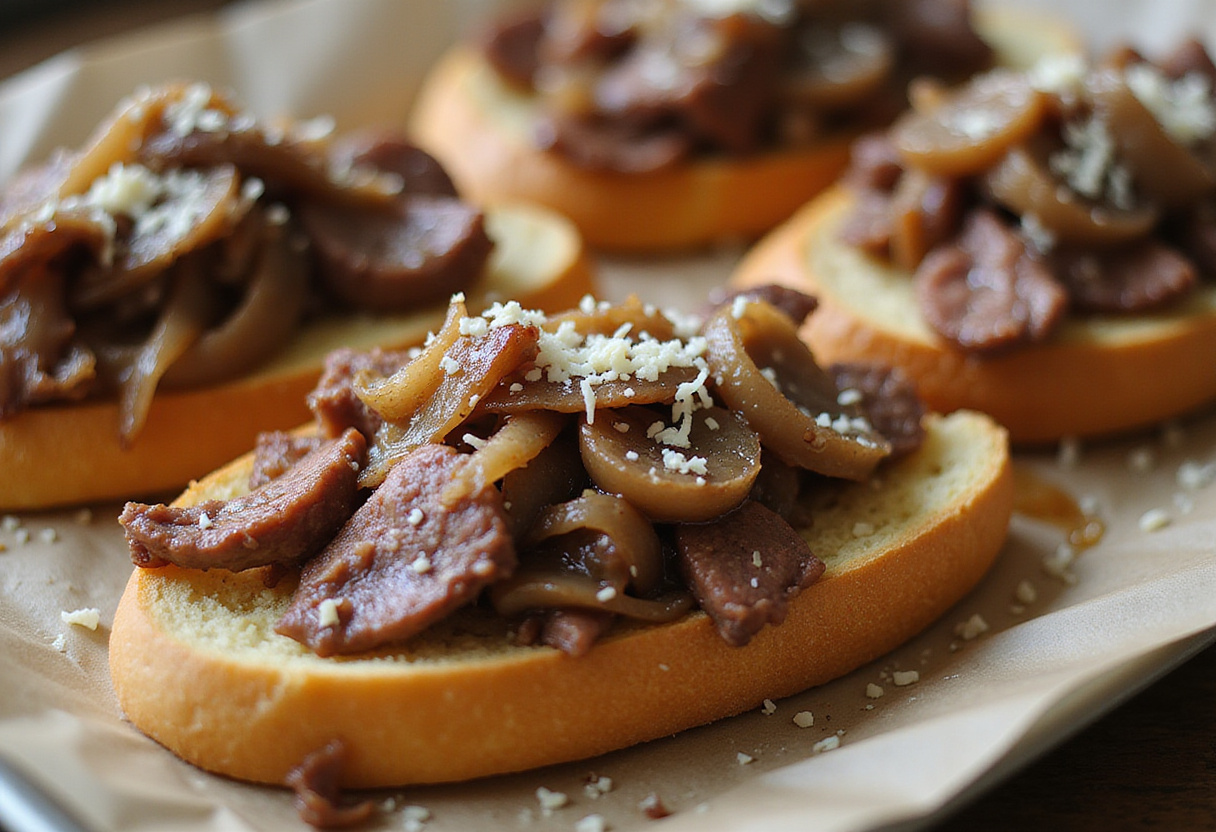 Toasting baguette slices topped with caramelized onions, steak, and cheese for a luscious steak and French onion bruschetta.