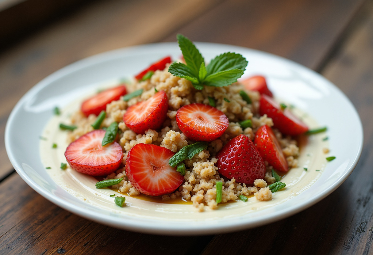 Final presentation of Strawberry Crunch Salad with Champagne Vinaigrette, capturing the essence of freshness and flavor in a stunning dish.