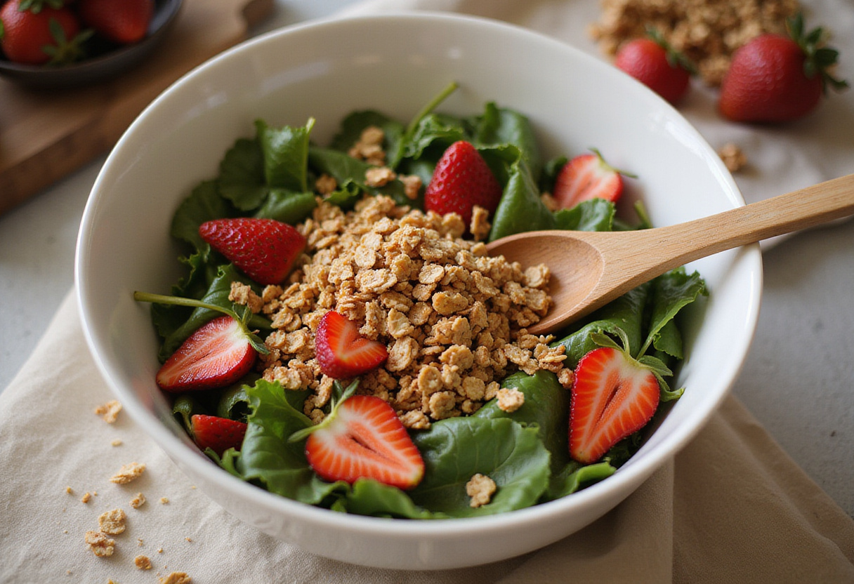 Mixing greens and strawberries for Strawberry Crunch Salad, highlighting vibrant ingredients for a healthy meal.