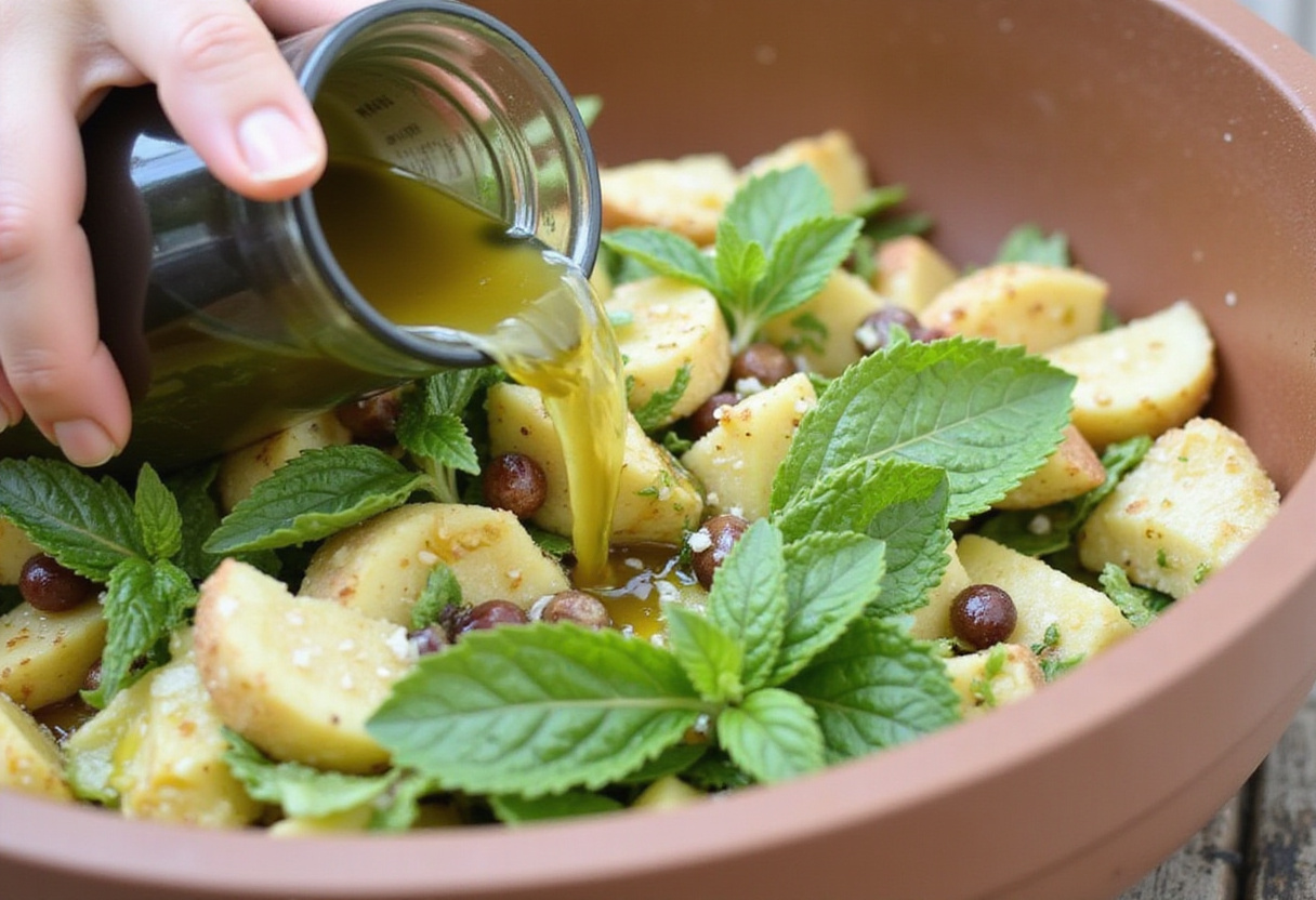 Pouring Champagne Vinaigrette over a Strawberry Crunch Salad, illustrating the final touches for an exquisite salad.