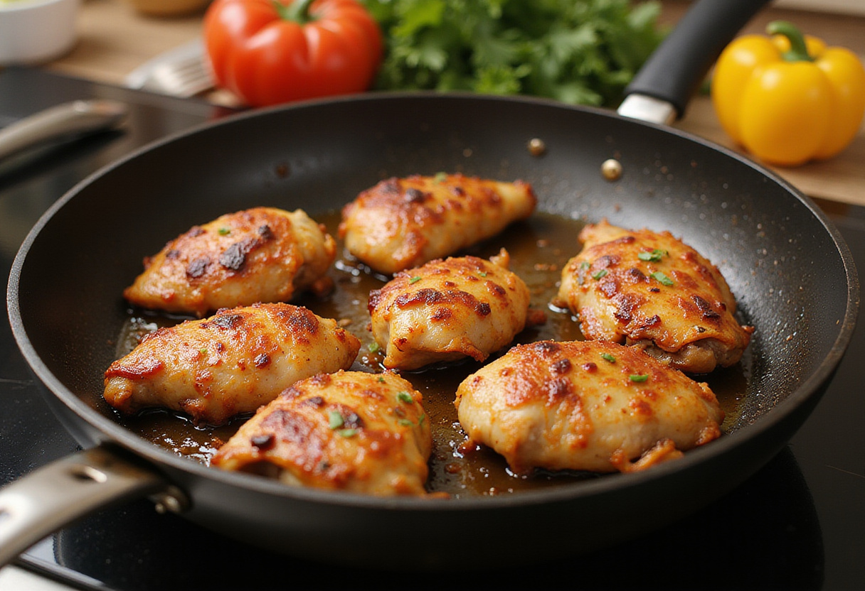 Cooking marinated chicken pieces in a frying pan for a flavorful Sweet Chili Chicken dish.
