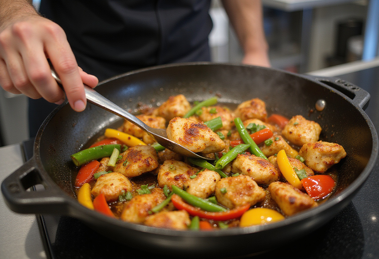 Stirring cooked chicken and bell peppers together for a vibrant Sweet Chili Chicken meal.