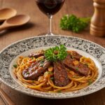 Final presentation of Sweet and Spicy Garlic Steak Pasta, highlighting the rich colors and textures of this flavorful meal.