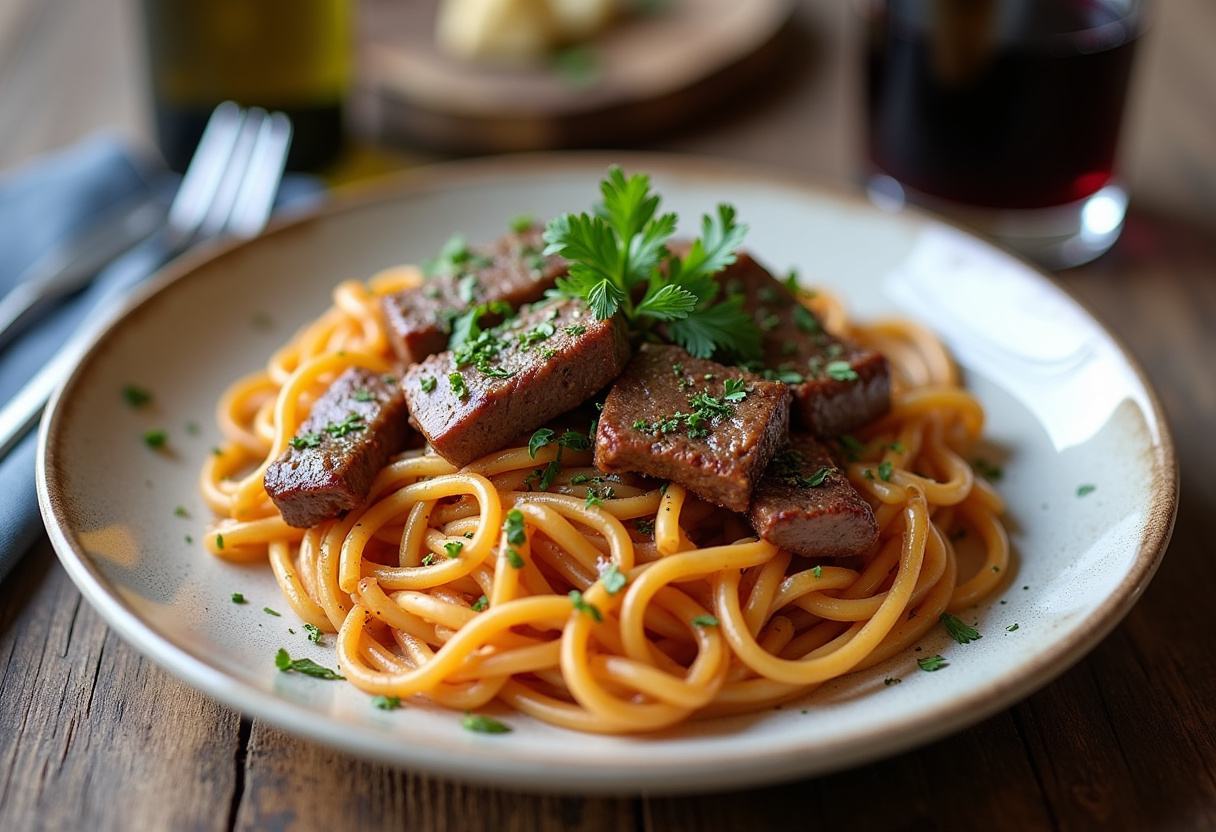 Final presentation of Sweet and Spicy Garlic Steak Pasta, highlighting the rich colors and textures of this flavorful meal.