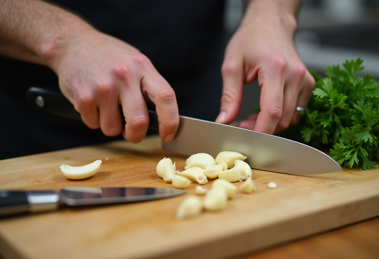 Chopping fresh garlic for Sweet and Spicy Garlic Steak Pasta, highlighting the aromatic ingredients in the kitchen.