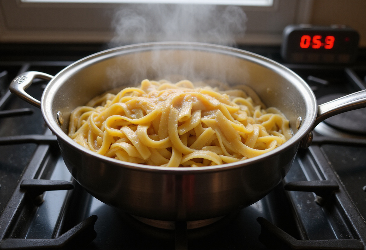 Boiling pasta for Sweet and Spicy Garlic Steak Pasta, capturing the essence of Italian cuisine preparation.