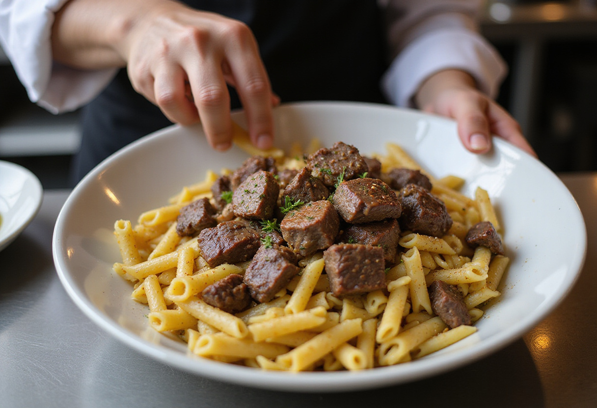Mixing pasta and steak for Sweet and Spicy Garlic Steak Pasta, showcasing the final assembly of this delicious dish.