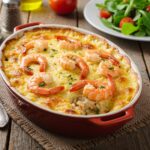 Perfectly baked shrimp casserole served on a rustic table, featuring fresh herbs and a side salad, presenting the best shrimp casserole.