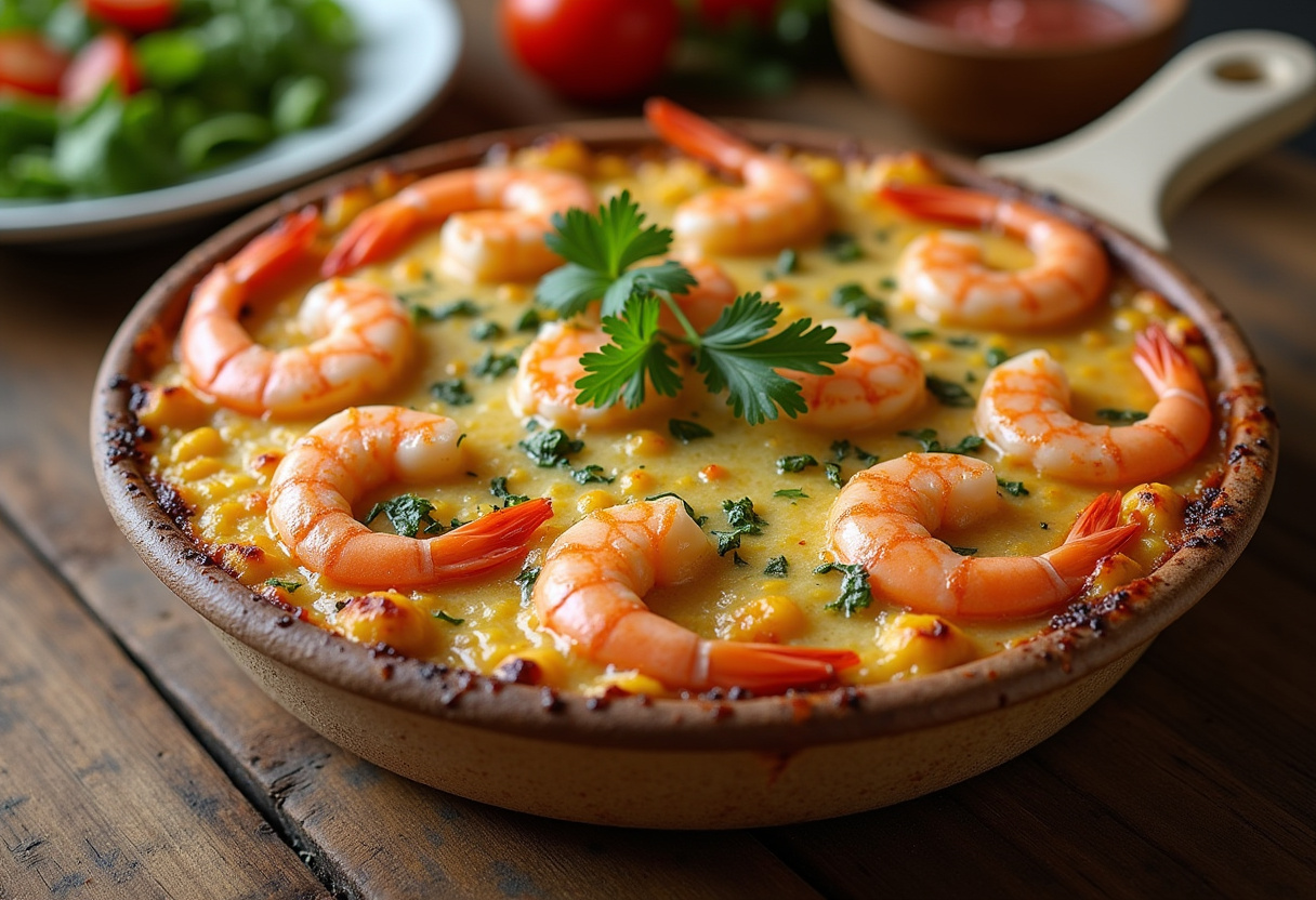 Perfectly baked shrimp casserole served on a rustic table, featuring fresh herbs and a side salad, presenting the best shrimp casserole.