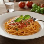 Delicious creamy tomato pasta served with fresh basil and cheese, perfect meal presentation, restaurant-style dish.