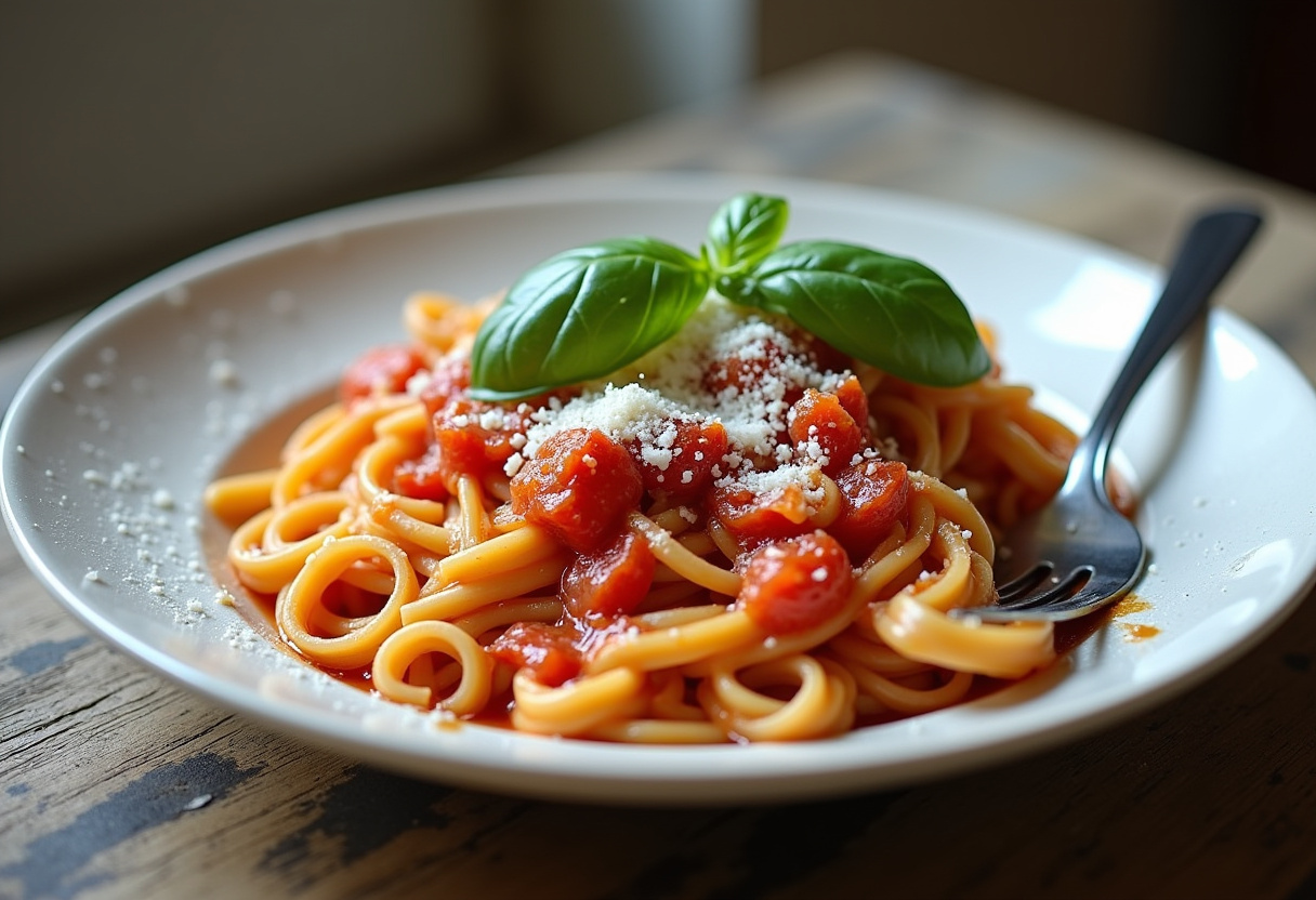 Delicious creamy tomato pasta served with fresh basil and cheese, perfect meal presentation, restaurant-style dish.