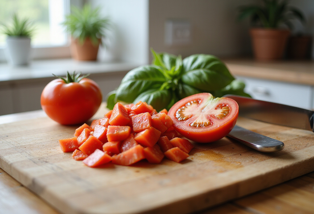 Fresh tomatoes diced for creamy tomato pasta, kitchen with natural light, healthy ingredients.