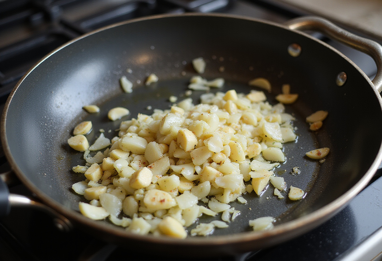 Garlic and onions sautéing in a pan for creamy tomato pasta, warm kitchen ambiance, cooking process.