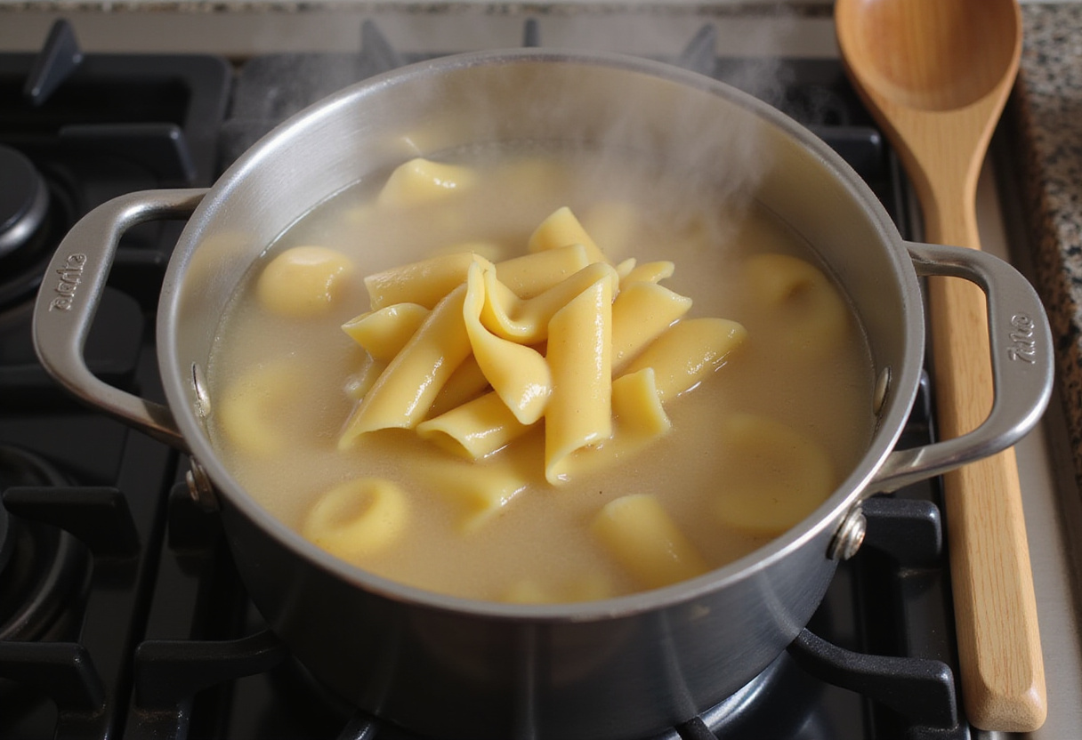 Pasta cooking in boiling water for creamy tomato pasta, kitchen scene with boiling pot and steam.